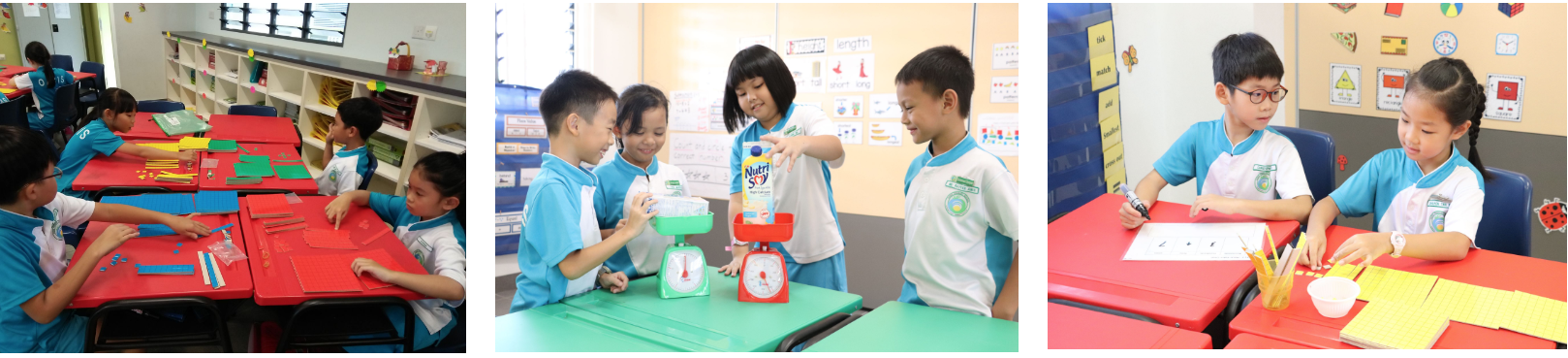 Three classroom scenes showing young students in white and blue uniforms doing hands-on learning activities including weighing objects.